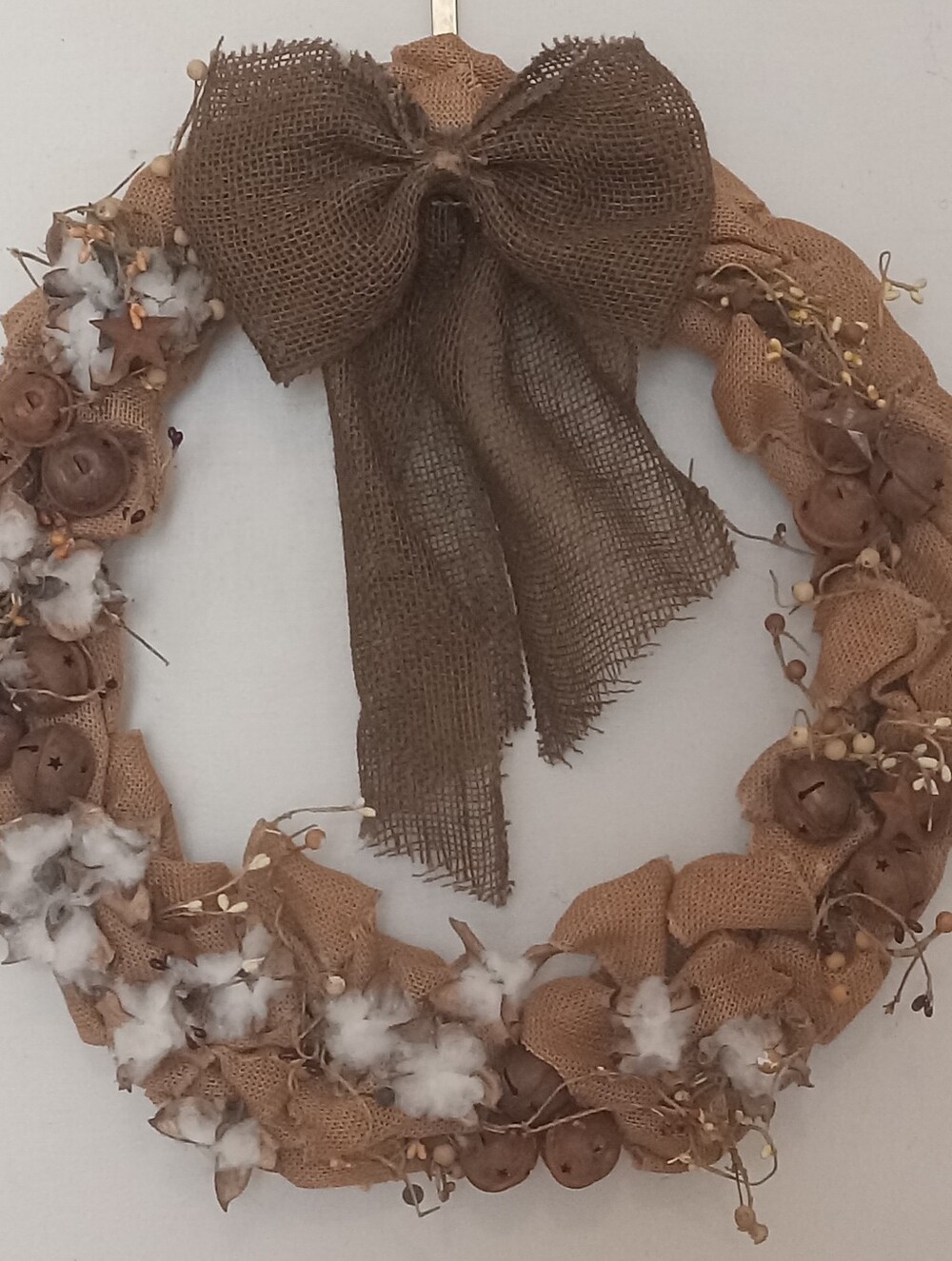 19" Burlap Wreath With Cotton & Bells Rustic Primitive Farmhouse